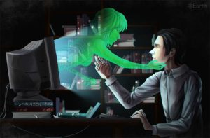 Digital woman reaching to man through a computer; AI and digital love
